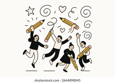 Flat vector cartoon of joyful people playing with large pencils surrounded by stars, hearts, and swirls. Great for creative projects, educational themes, teamwork, and inspirational designs.