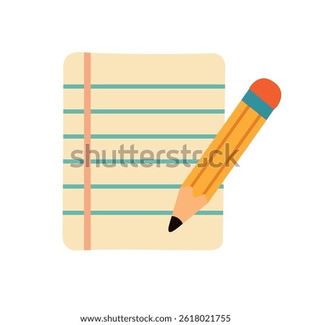 Flat vector cartoon of a lined notebook page with a pencil. Writing or studying concept element.