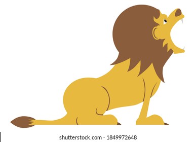 A flat vector cartoon lion is roaring at the sky