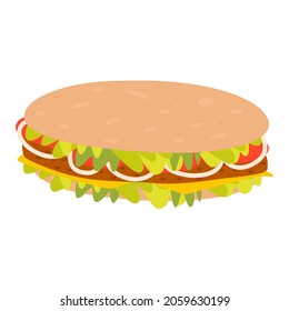 Flat vector cartoon long sandwich with tomatoes, onions, meat and lettuce leaves. A quick-cooking sandwich. Street food isolated on a white background.