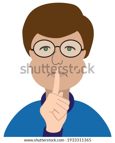 A flat vector cartoon male librarian is admonishing patrons to be quiet