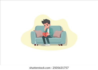 Flat vector Cartoon Man With Broken Heart sitting on isolated white background.