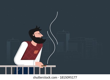 Flat vector cartoon man smoking cigarette
