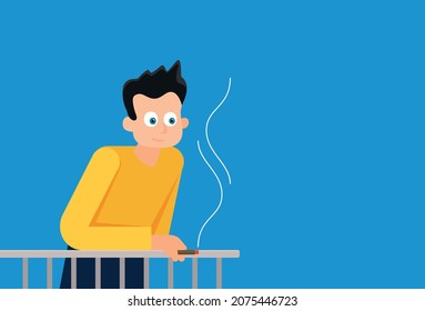 Flat vector cartoon man smoking cigarette
