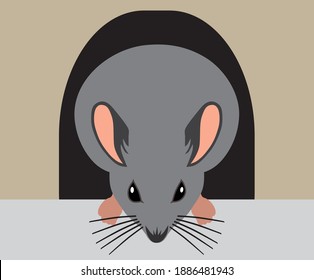 A flat vector cartoon mouse is leaving his hole to go forage