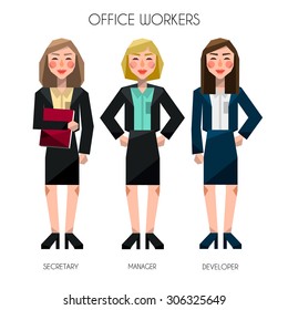 flat vector cartoon office workers woman costume suit official secretary manager developer clerk occupation profession success smile adult work icon avatar