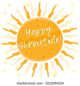Flat vector cartoon orange pancake, doodle round symbol of sun, sign for Shrove tide event or festival. Russian traditional holiday Maslenitsa