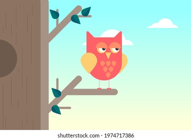 Flat vector cartoon owl with tree and sky