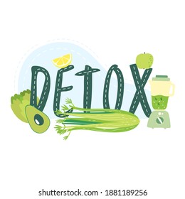 Flat vector cartoon poster of detox diet. The concept of a healthy diet, detoxification program. Phrase detox surrounded by a Blender, vegetables and fruits on a white background. svg