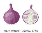 Flat Vector Cartoon Purple Onion Whole, Halved. Hand Drawn Fresh Onion. Vegetable Illustration. Onion Clipart, Icon Closeup Isolated on White Background. Food Design, Healthy Cooking Ingredient