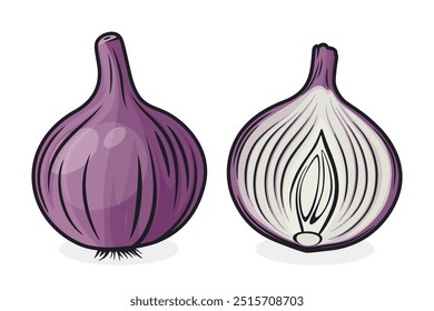 Flat Vector Cartoon Purple Onion Whole, Halved. Hand Drawn Fresh Onion. Vegetable Illustration. Onion Clipart, Icon Closeup Isolated on White Background. Food Design, Healthy Cooking Ingredient