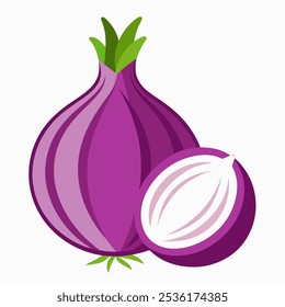 Flat Vector Cartoon Purple Onion Whole, Halved. Hand Drawn Fresh Onion. Vegetable Illustration. Onion Clipart, Icon with White Background. Nutrition Food Design, Healthy Cooking Ingredient