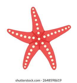 Flat vector cartoon of a red starfish with curved arms and light yellow dots. For sea life, summer, tropical, marine, vacation, beach, sea, ocean, kids design. Isolated white background. Hand drawn.