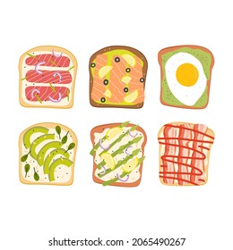 Flat vector cartoon sandwich set with various ingredients such as salmon, tuna, avocado, scrambled eggs, bacon, asparagus, onion, cream cheese. Delicious breakfast or snack. White background.