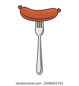 Salchicha de dibujos animados de Vector plano en tenedor con primer plano de contorno aislado sobre fondo blanco. Ilustración de comida de Vector para menú, barbacoa y diseño culinario