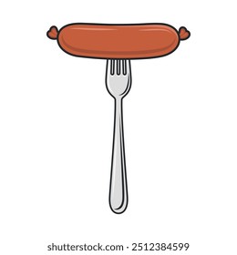 Flat Vector Cartoon Sausage on Fork with Outline Closeup Isolated on White Background. Vector Food Illustration for Menu, BBQ, and Culinary Design