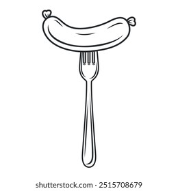 Salchicha de dibujos animados de Vector plano en tenedor con primer plano de contorno aislado sobre fondo blanco. Ilustración de comida de Vector para menú, barbacoa y diseño culinario