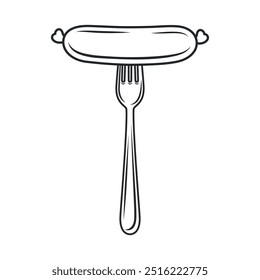 Salchicha de dibujos animados de Vector plano en tenedor con primer plano de contorno aislado sobre fondo blanco. Ilustración de comida de Vector para menú, barbacoa y diseño culinario