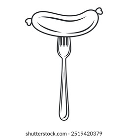 Flat Vector Cartoon Sausage on Fork with Outline Closeup Isolated on White Background. Vector Food Illustration for Menu, BBQ, and Culinary Design