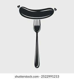 Flat Vector Cartoon Sausage on Fork with Outline Closeup Isolated on White Background. Vector Food Illustration for Menu, BBQ, and Culinary Design