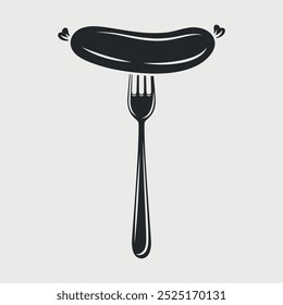 Flacher Vektor Cartoon Wurst auf Gabel mit Umrissnahaufnahme einzeln auf weißem Hintergrund. Vektorgrafik mit Speisen für Menü, Grill und kulinarisches Design
