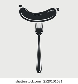 Flat Vector Cartoon Sausage on Fork with Outline Closeup Isolated on White Background. Vector Food Illustration for Menu, BBQ, and Culinary Design