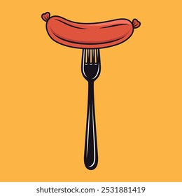 Flat Vector Cartoon Sausage on Fork. Sausage Illustration for BBQ, Food Design. Sausage Clipart for Menu and Culinary Concept. Front View