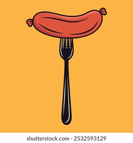 Flat Vector Cartoon Sausage on Fork. Sausage Illustration for BBQ, Food Design. Sausage Clipart for Menu and Culinary Concept. Front View