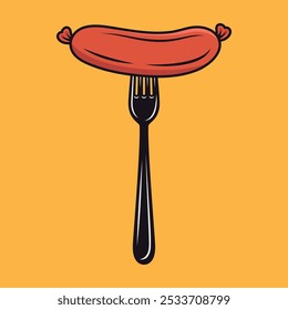 Flat Vector Cartoon Sausage on Fork. Sausage Illustration for BBQ, Food Design. Sausage Clipart for Menu and Culinary Concept. Front View