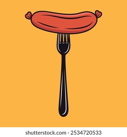 Flat Vector Cartoon Sausage on Fork. Sausage Illustration for BBQ, Food Design. Sausage Clipart for Menu and Culinary Concept. Front View