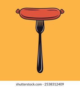 Salchicha de dibujos animados de Vector plano en el icono de tenedor sobre fondo amarillo. Ilustración de salchichas para barbacoa, diseño de alimentos. Clipart de salchichas para menú y concepto culinario. Vista frontal