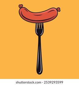 Salchicha de dibujos animados de Vector plano en el icono de tenedor sobre fondo amarillo. Ilustración de salchichas para barbacoa, diseño de alimentos. Clipart de salchichas para menú y concepto culinario. Vista frontal