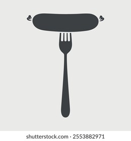 Flat Vector Cartoon Sausage on Fork with Outline Closeup Isolated on White Background. Vector Food Illustration for Menu, BBQ, and Culinary Design