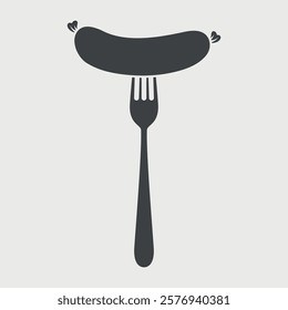 Flat Vector Cartoon Sausage on Fork with Outline Closeup Isolated on White Background. Vector Food Illustration for Menu, BBQ, and Culinary Design