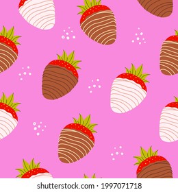 Flat Vector Cartoon Seamless Pattern Of Strawberries Covered With Chocolate. Chocolate Fondue Dessert For Valentine's Day.