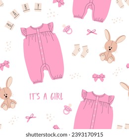 Flat vector cartoon seamless pattern on the occasion of the birth of a girl. Images of pink overalls, socks, bows, pacifiers and a stuffed rabbit. Isolated design on a white background.