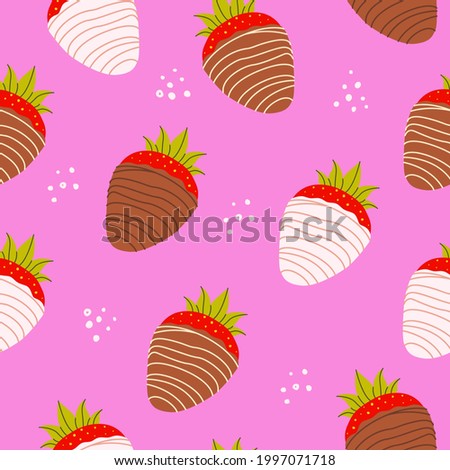 Flat vector cartoon seamless pattern of strawberries covered with chocolate. Chocolate fondue dessert for Valentine's Day.
