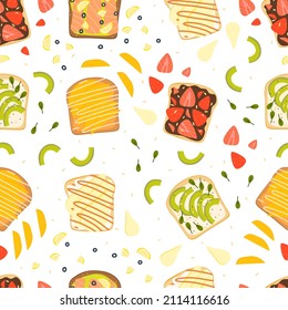 Flat vector cartoon seamless sandwich pattern. Toasts with sweet and salty fillings. Background wallpaper with texture.