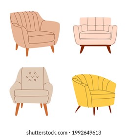 Dibujo vectorial plano de sillón de diferentes formas. Mobiliario de ocio moderno aislado en un fondo blanco.