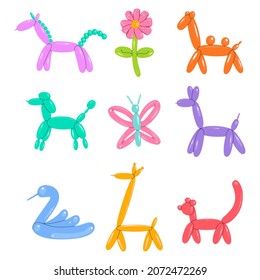 A flat vector cartoon set of balloons in the shape of various animals, such as a unicorn, a dog, a cat, a giraffe, as well as a flower and a butterfly. Decorative objects for the holiday.