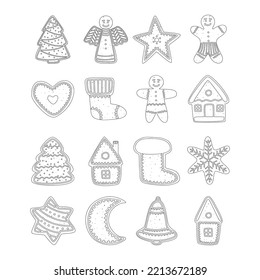 Flat vector cartoon set of Christmas gingerbread cookies in the shape of a man, Christmas tree, house, star, snowflakes, bell, heart, angel. Isolated sketch on a white background.