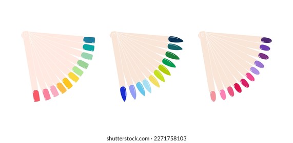 Flat vector cartoon set of nail polish palette. Nail art tool for color selection. Artificial nails on transparent basis. White background.