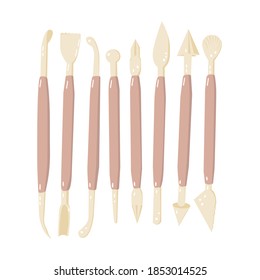 Flat vector cartoon set of plastic tools of various shapes in the amount of eight pieces for modeling isolated on a white background