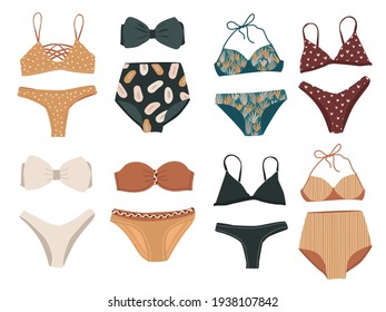 Flat vector cartoon set of stylish swimsuits in various shapes and colors, isolated on a white background. Fashion women's swimwear and bikinis top and bottom.