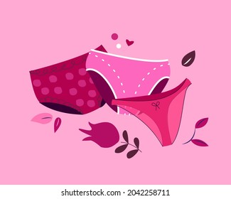 Flat vector cartoon set of stylish female Pink panties in various shapes and colors, isolated on a white background.Fashion women's underpants for beautiful and happy menstruation.