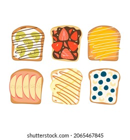 A flat vector cartoon set of sweet sandwiches with various ingredients such as strawberries, pears, nuts, cream cheese, chocolate or nut paste. Delicious breakfast or snack. White background.
