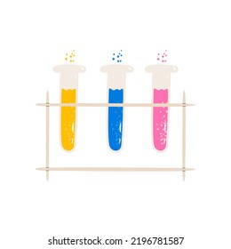 Un juego de dibujos animados de vector plano de tres frascos de vidrio sobre un estrado. Equipo del laboratorio de química científica. Fondo blanco.