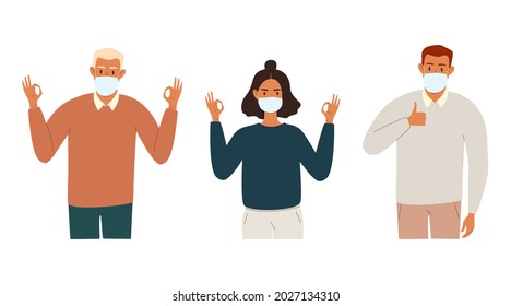 A flat vector cartoon set of young people in protective masks showing the thumbs up and the ok hand gesture. Isolated design on a white background.