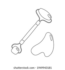 Flat vector cartoon silhouette massage roller for face and scraper gua sha. Isolated design on white background