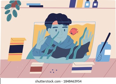 Flat vector cartoon simple illustration with young man watching after goldfish in aquarium. Teenager feeding fish. Colorful scene of human and domestic animal. Leisure with pet at home